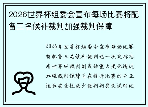 2026世界杯组委会宣布每场比赛将配备三名候补裁判加强裁判保障