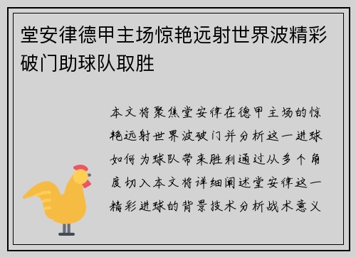 堂安律德甲主场惊艳远射世界波精彩破门助球队取胜