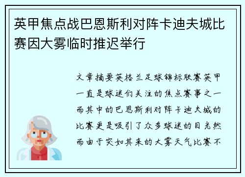 英甲焦点战巴恩斯利对阵卡迪夫城比赛因大雾临时推迟举行