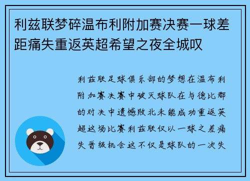 利兹联梦碎温布利附加赛决赛一球差距痛失重返英超希望之夜全城叹